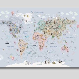 Weltkarte Leinwand Poster, Tiere Weltkarte, Kinderzimmer Wanddekoration, Kinderzimmer Dekor, Montessori Materialien, Weltkarte, Geschenkidee