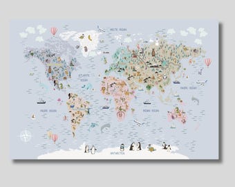 Animals World Map Canvas: Educational Kids Room Decor