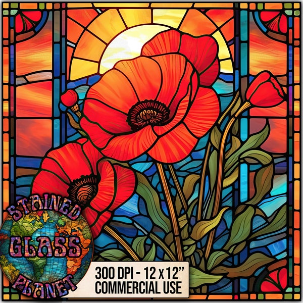 Poppy Stained Glass  Design, Instant Download, Digital Paper, Sublimation Designs, Faux Stain Glass, Mug Prints, Tumbler Wrap, JPEG