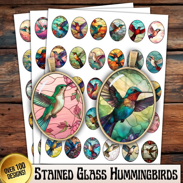 Buntglas Kolibris Collage Sheet - Sofortiger digitaler Download - 30x40 mm Ovale - Cabochon Schmuck Designs, Printable s, JPEG