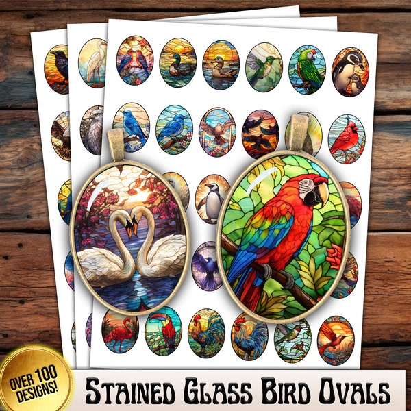Stained Glass Birds Collage Sheet - Instant Digital Download - 30x40 mm Ovals - Cabochon Jewelry Designs, Printable Oval s, JPEG