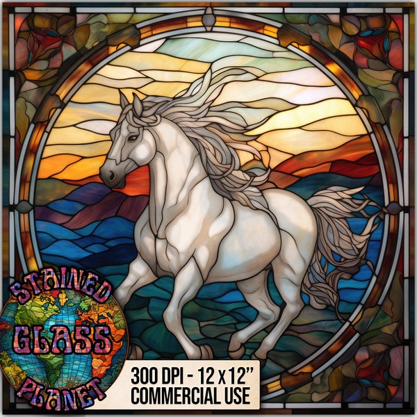 White Horse Stained Glass  Design, Instant Download, Digital Paper, Sublimation Designs, Faux Stain Glass, Mug Prints, Tumbler Wraps