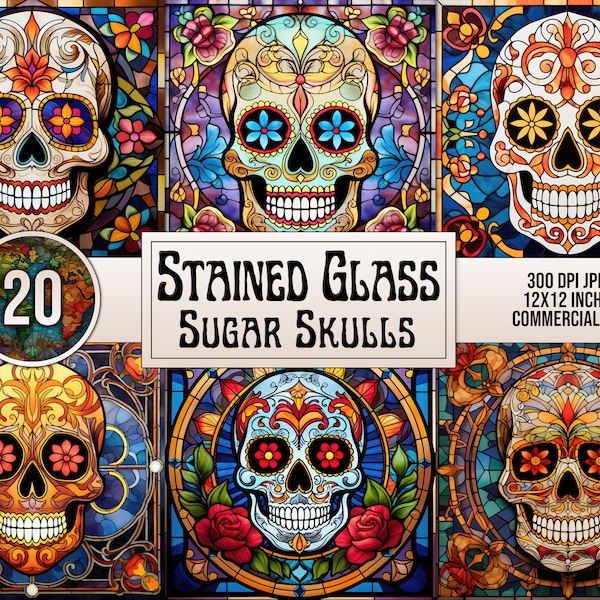 Stained Glass Sugar Skulls Bundle - Digital Download - Great for Tumbler Wraps, Mug Prints, Scrapbooking, Cards, Journals, Projects, JPEG