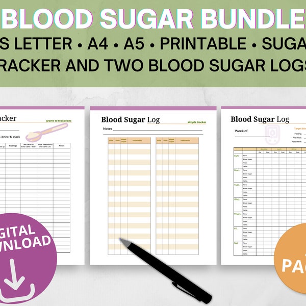 Sugar Tracker Bundle, Blood Sugar Tracker, Diabetic Log, Carb Counter, Diet Tracker, Digital Food Diary, Keto Tracker, Low Carb Meal Plan