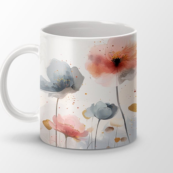 Watercolor Floral Mug - Pastel Poppies and Daisies Design Mug, Delicate Spring Flowers Coffee Cup, Perfect Gift for Her, Gift for Mom