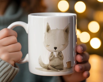 Mug de méditation renard mignon, renard calme avec tasse de thé, tasse à café renard yoga, tasse d'art animalier unique, cadeau pour yogi, cadeaux drôles de renard