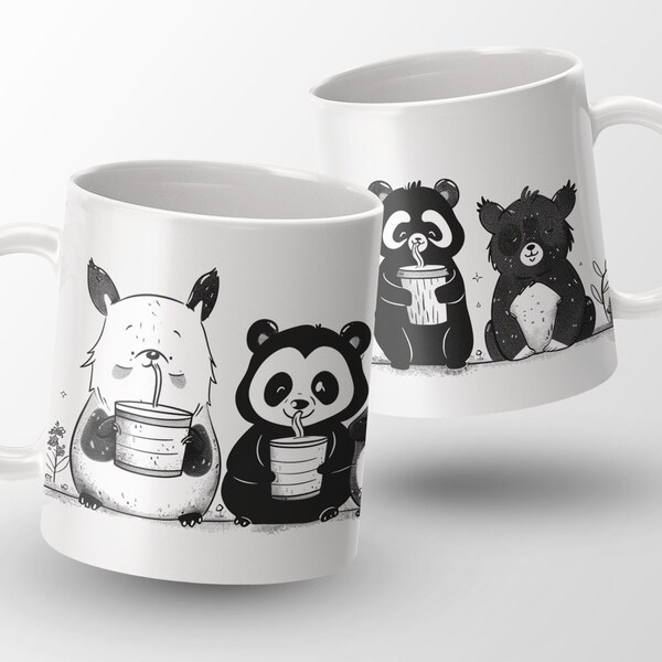 Cute Animal Mug, Panda Bear Fox Hedgehog Kids Friendly Black and White Illustrated Coffee Cup,Adorable Animal Coffee Cup,Friendship Gift Mug