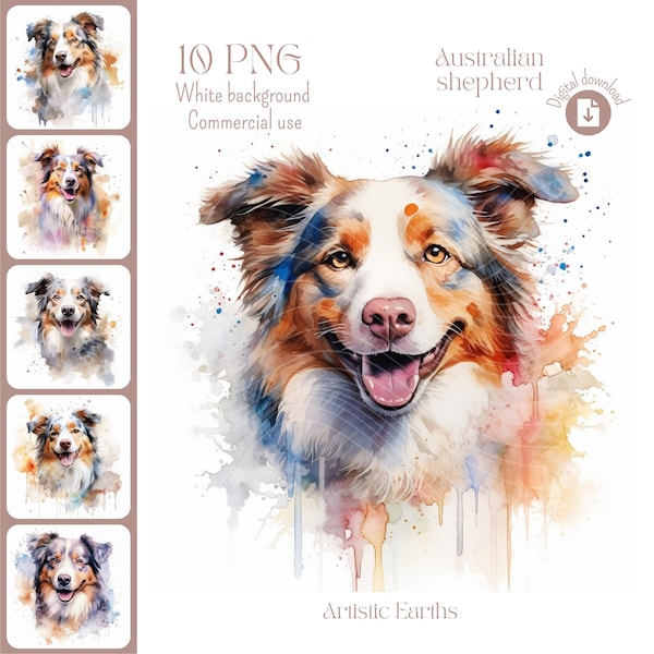 Australian shepherd clipart, Dog lover, 10 high quality, Digital download, Clipart watercolor, Printable wall art, Junk Journals, Art Prints