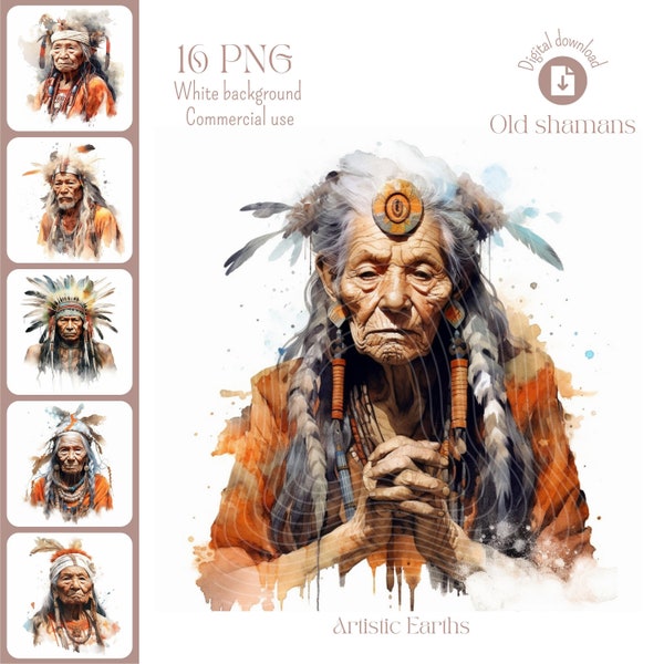 Ensemble de conception numérique de vieux chamans aquarelles et d'Indiens indigènes, illustrations numériques, clipart de chamans et d'Indiens indigènes, utilisation commerciale