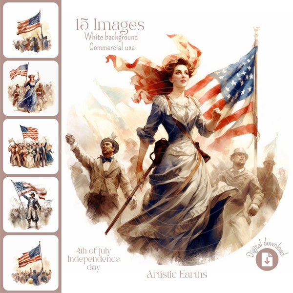 Patriotic American clipart, Independence Day USA, Digital desing bundle, Watercolor 4th July illustration, Scrapbook