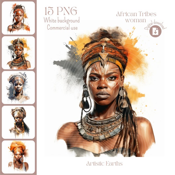 African tribe woman clipart, 15 high quality, White background, Digital download, Mixed media, Digital paper, Watercolor, Commercial use