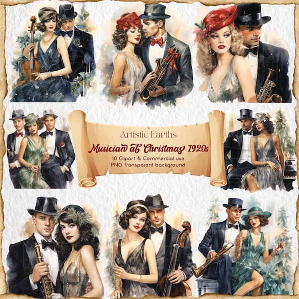 Great Gatsby musicians clipart, Charleston party, 1920s Gatsby clipart, Vintage flapper, Junk journal, 1920s party PNG, 1920s flapper era