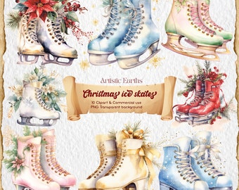 Christmas ice skates, Vintage ice skates, Floral ice skates, Christmas clipart, Junk journal, Scrapbook clipart, Watercolor Christmas