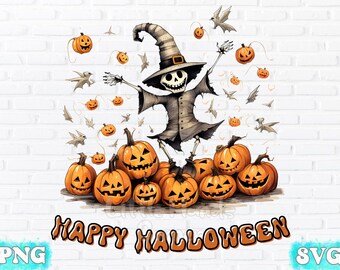 Op de afbeelding: Een skelet met een heksenhoed en een bezem staat op een stapel oranje pompoenen. De tekst "HAPPY HALLOWEEN" staat in oranje letters onder de pompoenen. Vleermuizen en andere Halloween-afbeeldingen zijn rond het skelet verspreid.
