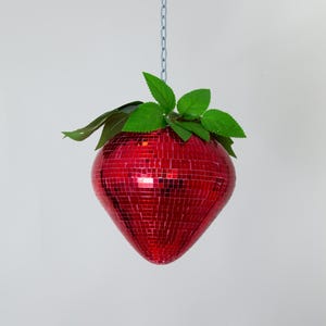 Hanging Disco Strawberry, Disco Ball, Disco Fruit, Hanging Fruit, Red tiles, Mirror Design, Disco Decor