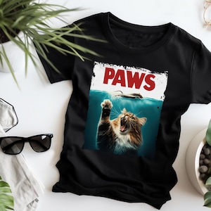 Paws Kitten Jaws Cute Cat Fun T Shirt Gift For Women Men Unisex Top Adult Tee, Jaws Parody Shirt, Cat Lover Tshirt, Gift for Mom Dad Wife