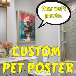 Personalized Cat Dog Gift ,Custom Pet Portrait, Dog Read Newspaper in Toilet, Funny Pet Portrait, Pet Customization, Kids Bathroom Wall Art