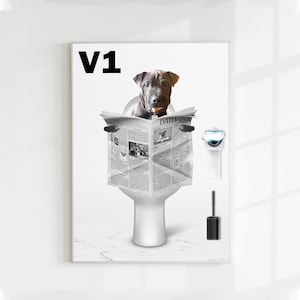 Dog Reading Newspaper on Toilet, Custom Pet Portrait, Funny Bathroom Poster, Dog in Toilet, Pet Owner Gift, Personalized Pet Bathroom Poster