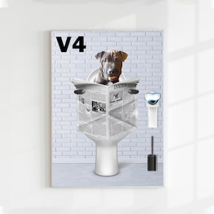 Dog Reading Newspaper on Toilet, Custom Pet Portrait, Funny Bathroom Poster, Dog in Toilet, Pet Owner Gift, Personalized Pet Bathroom Poster