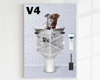 Hund liest Zeitung auf Toilette, Haustier Portrait, lustiges Badezimmer Poster, Hund in Toilette, Haustier Besitzer Geschenk, personalisiertes Haustier Badezimmer Poster