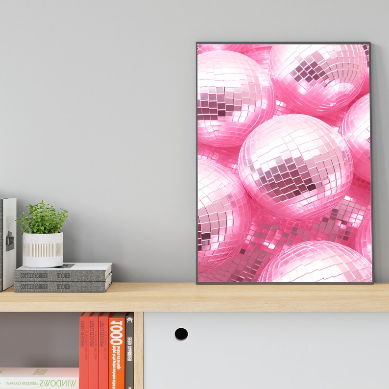 Pink Disco Ball Poster, Disco Ball Wall Art, Pink Wall Decor, Shining