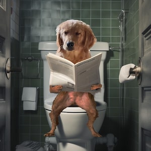 Personalized Cat Dog Gift ,Custom Pet Portrait, Dog Read Newspaper in Toilet, Funny Pet Portrait, Pet Customization, Kids Bathroom Wall Art