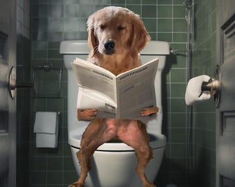 Personalized Cat Dog Gift ,Custom Pet Portrait, Dog Read Newspaper in Toilet, Funny Pet Portrait, Pet Customization, Kids Bathroom Wall Art