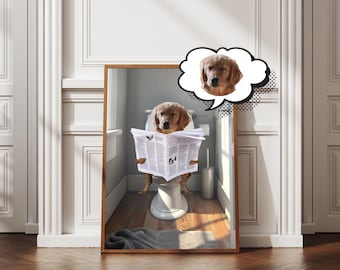 Custom Dog Portrait Read Newspaper Print, Funny Bathroom Art Print, Personalized Pet Dog Gift Illustration, Dog Lover Gift, Dog Portrait