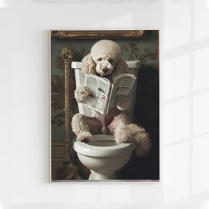 Dog Read Newspaper in Toilet, Funny Pet Portrait, Custom Pet Portrait, Black and white, Kids Bathroom Wall Art, Personalized Cat Dog Gift