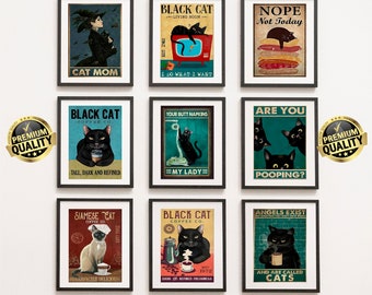 Vintage Cat Prints Set of 9 - Cat Wall Art  Vintage Cat Decor, Cat Lovers Gift, Cat Poster, Animal Art Print, Animal Wall Decor, Pet Print