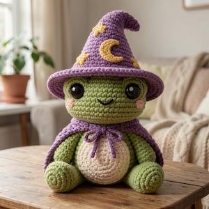 May include: A crocheted green frog plush toy wearing a purple wizard hat decorated with yellow stars and a crescent moon, along with a matching purple cape tied at the neck. The frog has large black eyes, pink cheeks, and a cream-colored belly.