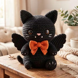 May include: A black crocheted cat plush toy featuring large brown eyes, a small pink nose, two white fangs, and a bright orange bow tie. The cat has bat-like wings on its sides, pointed ears, and small white embroidered claws on its paws.
