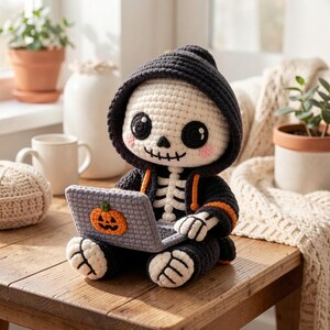 May include: A crocheted skeleton doll wearing a black hooded sweatshirt with orange trim. The doll has large black eyes, pink cheeks, and a stitched mouth. It is sitting and holding a small gray crocheted laptop featuring an orange pumpkin icon.