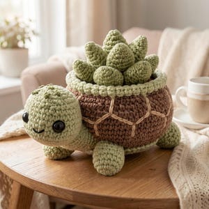 May include: A crocheted turtle figurine featuring a light green head and limbs, with a dark brown shell that serves as a planter for a light green crocheted succulent plant. The turtle has two large black plastic eyes and a stitched smiling mouth.