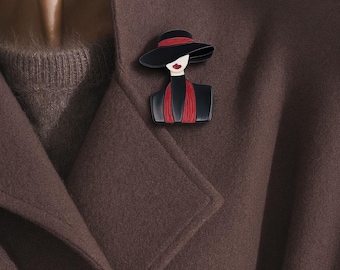 Broche vintage de dama esmaltada: pin art déco negro y rojo