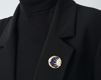 Broche de Sol y Luna: Pin de esmalte celestial, regalo de joyería cósmica, broche de abrigo astrológico, pin de Sol y Luna de estilo vintage