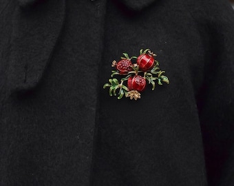 Broche de granada: broche de fruta de la suerte, broche de rama esmaltada, joya otoñal, bonito broche natural para abrigos y bolsos, símbolo de abundancia.