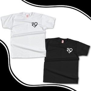 May include: Two short-sleeved t-shirts, one white and one black, are displayed. Each shirt features a heart-shaped design with an XO graphic on the chest. The white shirt is on the left, and the black shirt is on the right.