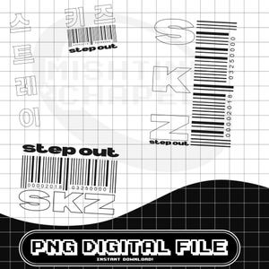 Könnte beinhalten: Eine digitale PNG-Datei in Schwarzweiß. Das Design enthält koreanische Schriftzeichen, die Wörter "step out" und die Buchstaben "SKZ". Es gibt auch mehrere Barcode-Grafiken und den Text "PNG DIGITAL FILE INSTANT DOWNLOAD!"