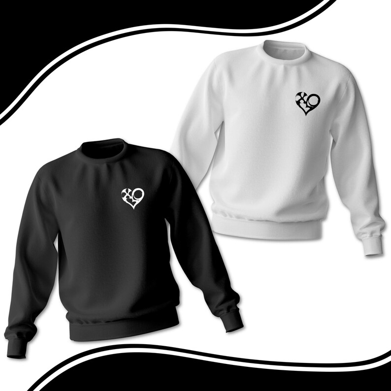 May include: Two crewneck sweatshirts, one black and one white, each featuring a white heart-shaped design with the letters "XO" inside. The sweatshirts have long sleeves and a simple, classic design.
