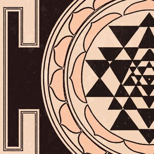 May include: A black and white geometric design with a pink and white background. The design is a mandala with a central star shape and a circle of petals around it.