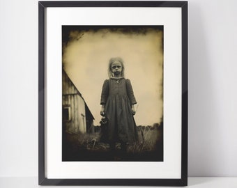 Vintage Spooky Photo Print: Creepy Girl, Antique Halloween Decor (Framed or Unframed)