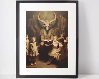 Creepy Baphomet in Library Vintage Photo Print: Satanic Wall Art (Framed or Unframed)
