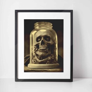 Macabre Skull in Jar Art Print: Dark Surrealist Decor (Framed or Unframed)