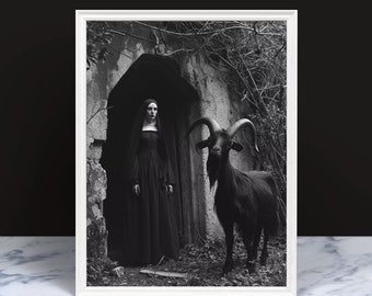 Vintage Creepy Photo Print: Nun and Black Phillip, Gothic Wall Art (Framed or Unframed)