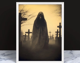 Vintage Spooky Photo Print: Cemetery Grim Reaper Wall Art