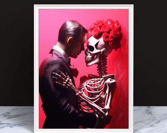 May include: A framed print of a man in a black suit and a skeleton wearing a red rose crown. The background is a bright pink. The text "A Troubled Past" is at the bottom of the print.