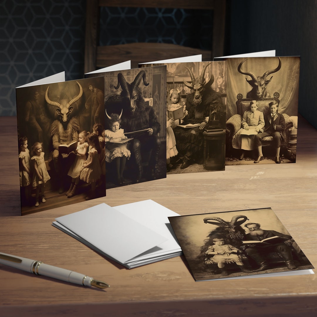 Vintage Baphomet in Library Greeting Card Bundle for Halloween Gift for