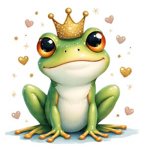 May include: A whimsical illustration of a green frog wearing a gold crown, surrounded by gold stars and pink hearts. The frog has large, expressive eyes and a gentle smile, creating a charming and fairytale-like aesthetic.
