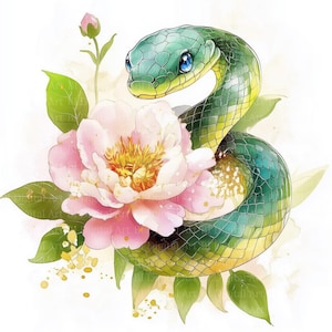 10 Cliparts de Cobra com Flores, Ilustrações em Aquarela para Imprimir - Formato PNG e JPG, Download Digital, Design de Sublimação e Diário de Junk